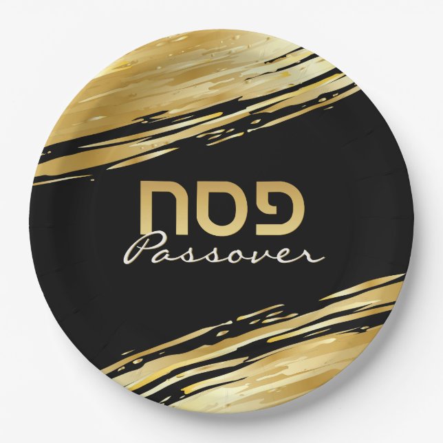 Passover Pesach Hebrew Gold Swash on Black Paper Plate (Front)