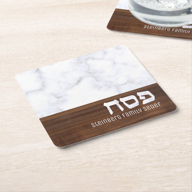 Passover Pesach Personalised Marble + Wood Modern  Square Paper Coaster (Angled)