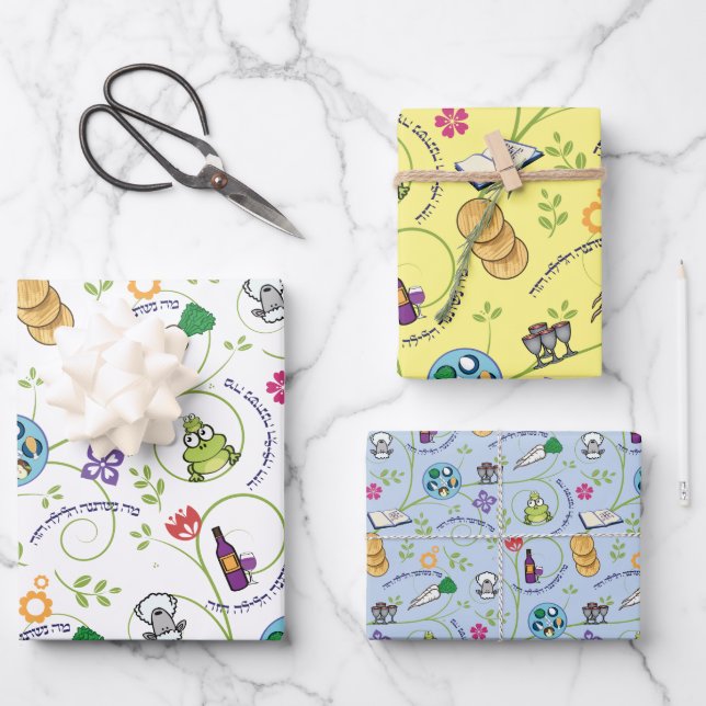 Passover Seder Matzah, Wine Frogs Colourful  & Fun Wrapping Paper Sheet (Front)