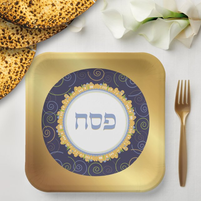 Passover Seder Square Jerusalem Navy/Gold Paper  P Plate (Creator Uploaded)