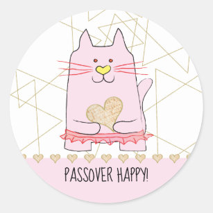 Passover Sticker Round Pink Cat Ballerina