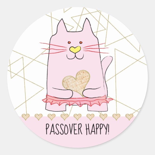 Passover Sticker Round Pink Cat Ballerina (Front)
