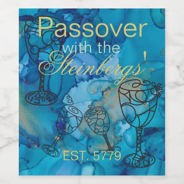 Passover Wine Bottle Label Blue-Golds Design INKS (Single Label)