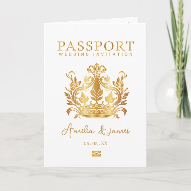 Passport Destination Wedding Faux gold invitation (Front)