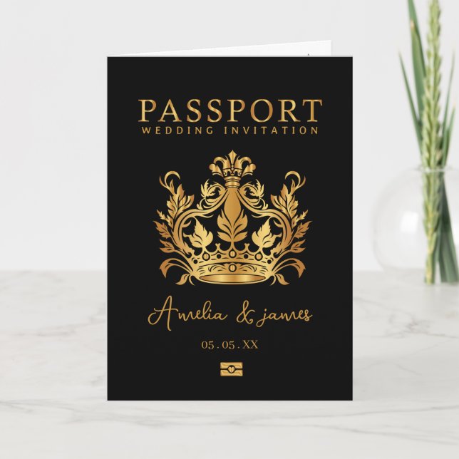 Passport Destination Wedding Faux gold invitation (Front)
