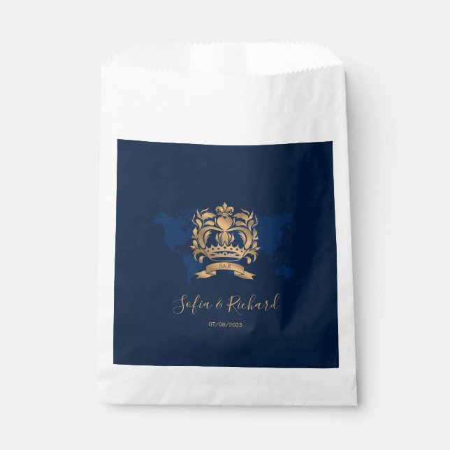 Passport Destination Wedding Gold Navy Map Crest Favour Bags (Front)