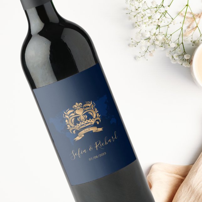 Passport Destination Wedding Gold Navy Map Crest Wine Label (Creator Uploaded)