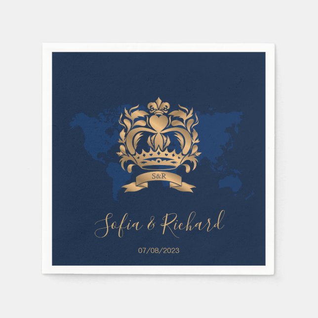 Passport Destination Wedding Gold Navy World Map  Napkin (Front)