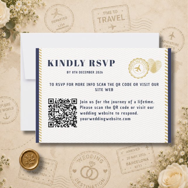 Passport Destination Wedding Monogram QR-Code RSVP Card (Enclosure Cards wedding destination)