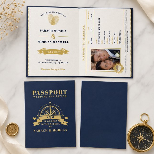 Passport Destination Wedding Nautical Navy Blue Invitation (passport wedding passport wedding destination travel boarding pass mexico navy blue nautical anchor )