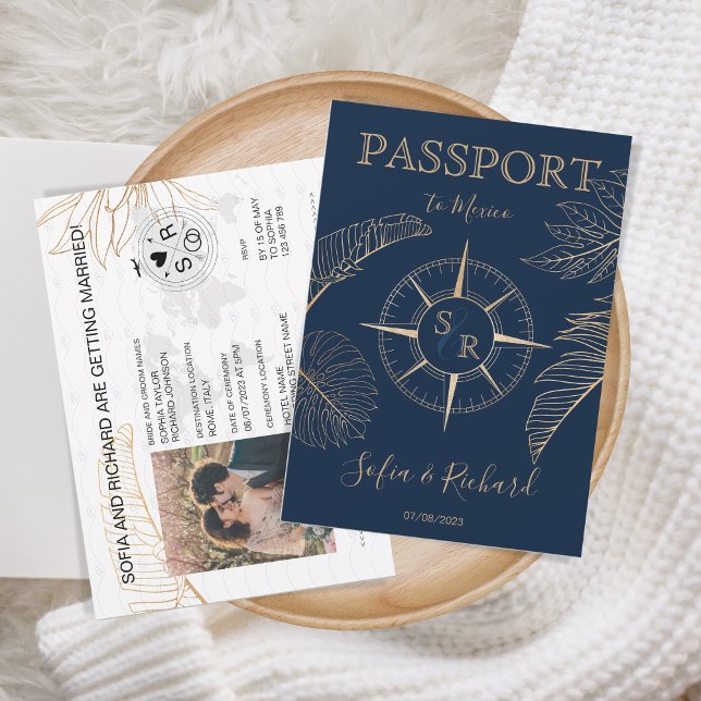 Passport Destination Wedding Palm Compass Monogram Invitation (passport compass monogram palm leaf)