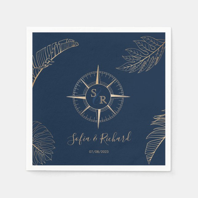 Passport Destination Wedding Palm Compass Monogram Napkin (Front)