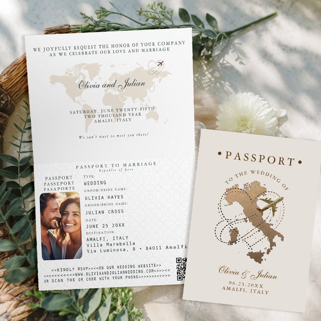 Passport Faux Gold Beige Italy Destination Wedding Invitation (passport wedding invitation card destination getaway beige ecru faux gold map italy amalfi monograms)