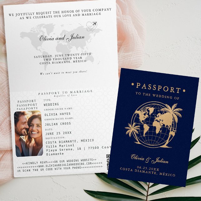 Passport Globe Palm Tropical Destination Wedding Invitation (passport wedding invitation card destination getaway tropical beach palm navy faux gold monograms)