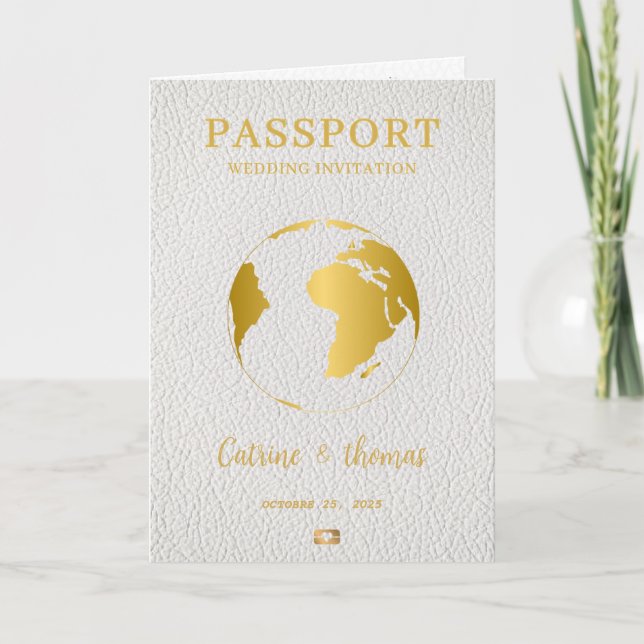 Passport Gold World Map Modern Destination Invitation (Front)