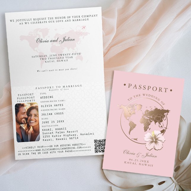Passport Map Hibiscus Tropical Destination Wedding Invitation (passport wedding invitation card destination getaway tropical hawaii pink faux gold monograms folded)