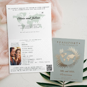 Passport Map Tropical Leaf Destination Wedding Invitation