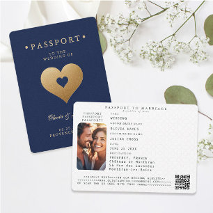 Passport Navy Faux Gold Hearts Destination Wedding Invitation
