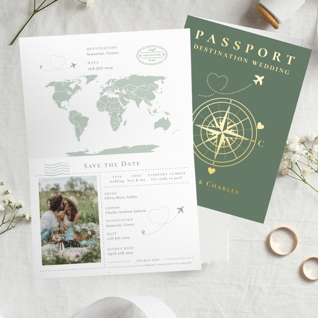 Passport Sage Gold Wedding Save The Date Foil Holiday Card (Passport Sage Gold Wedding Save The Date Foil Holiday Card )