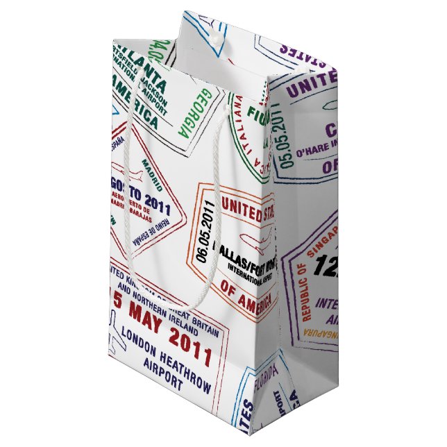 Passport Stamp Pattern Print Small Gift Bag (Front Angled)