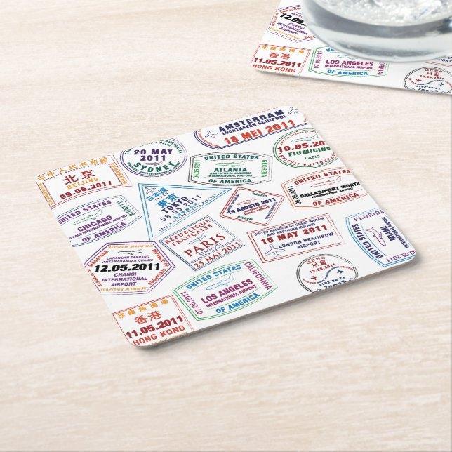 Passport Stamp Pattern Print Square Paper Coaster (Angled)