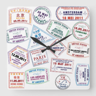 Passport Stamp Pattern Print Square Wall Clock