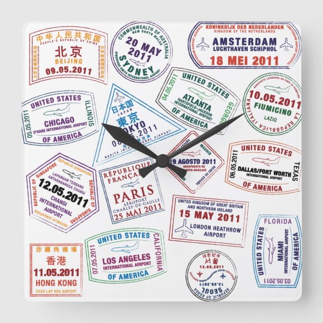 Passport Stamp Pattern Print Square Wall Clock (Front)
