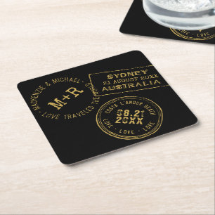 Passport Stamp Personalised Black Gold Square Paper Coaster