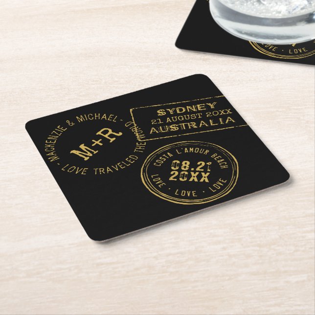 Passport Stamp Personalised Black Gold  Square Paper Coaster (Angled)