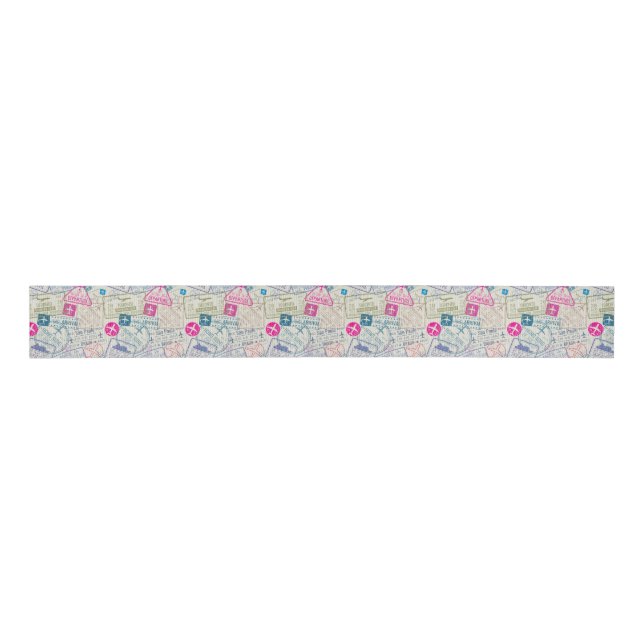 Passport Stamp Travel Themed Ribbon Grosgrain Ribbon (Front)