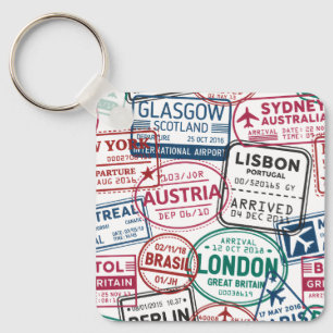 Passport Stamps Addict Retro World Traveler Key Ring