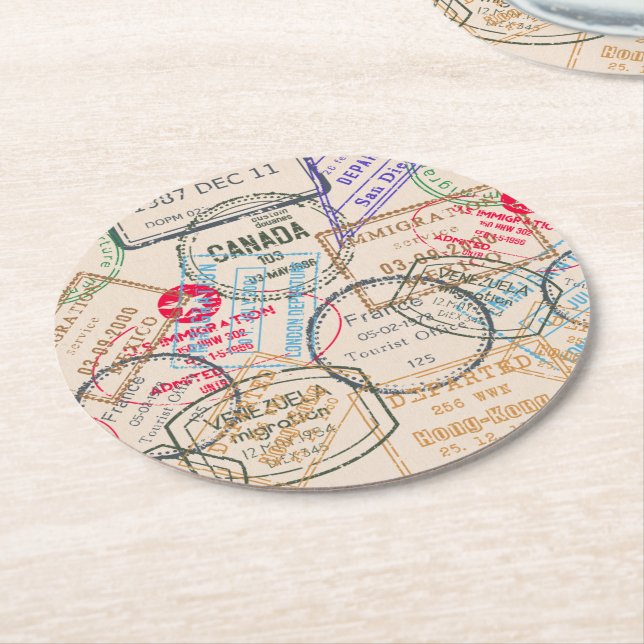 Passport Stamps Travel Round Paper Coaster (Angled)