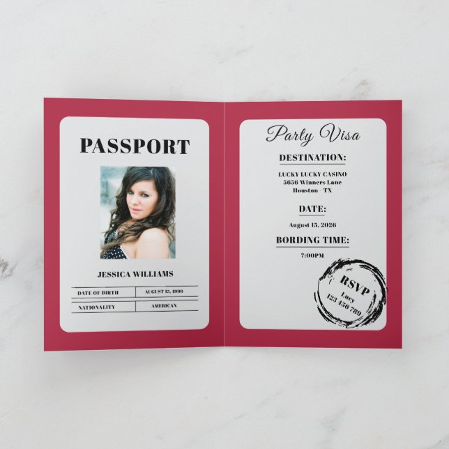 Passport Style Pink Birthday Party Card (Inside)