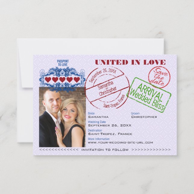 Passport to Love Cute Destination Wedding Purple Save The Date (Back)