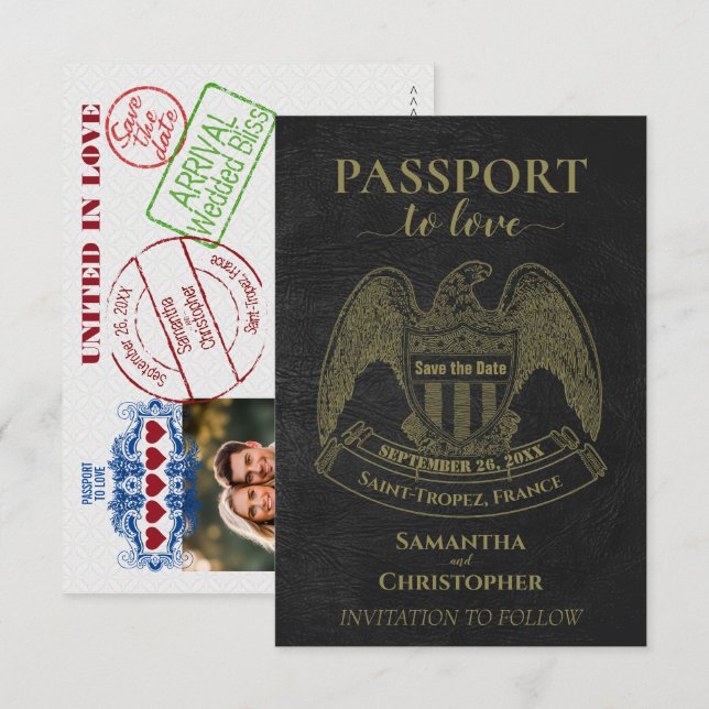 Passport to Love Fun Destination Wedding Black Save The Date (Front/Back)