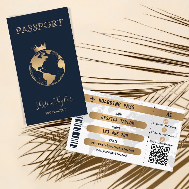 Passport Travel Agency World Map Boarding Pass Business Card (Creator Uploaded)