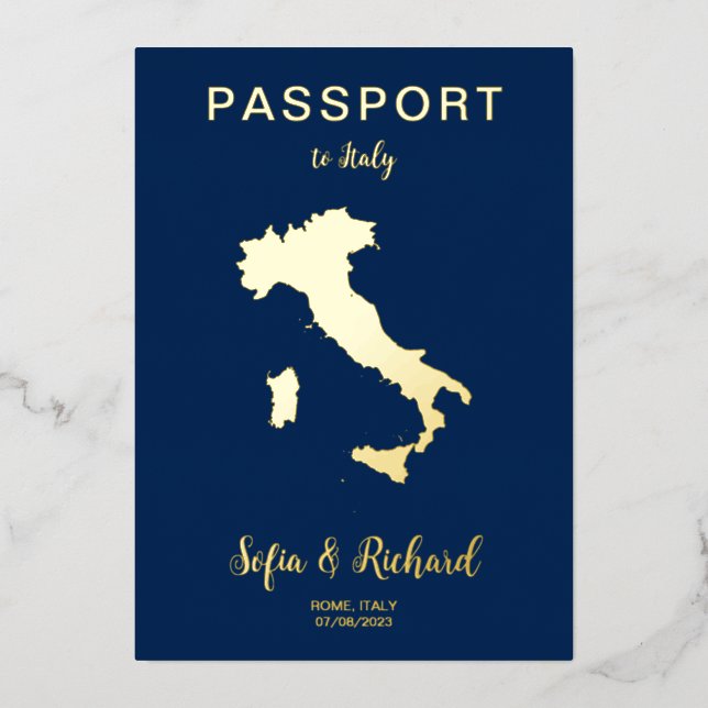 Passport Wedding Destination Gold Foil Italy Map (Front)