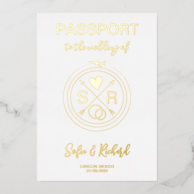 Passport Wedding Destination Gold Foil plane heart (Front)