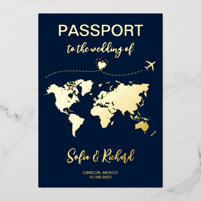 Passport Wedding Destination Gold Foil plane heart (Front)