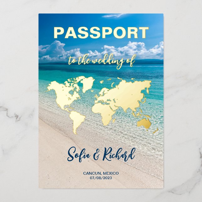 Passport Wedding Destination Gold Foil plane heart (Front)