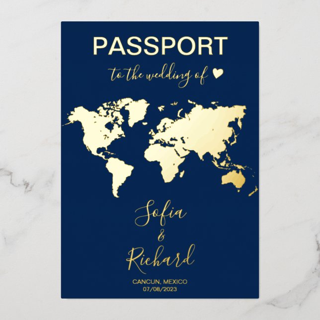 Passport Wedding Destination Gold Foil World Map (Front)
