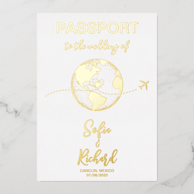 Passport Wedding Destination Gold Foil World Map F (Front)