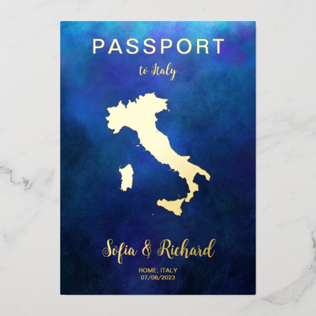 Passport Wedding Destination Gold Navy Italy Map (Front)