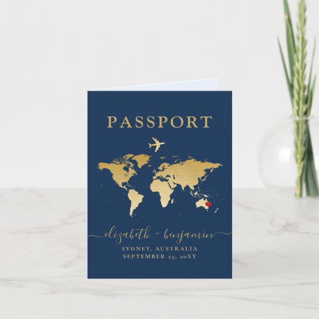 Passport Wedding Invitation Blue Gold Map + Heart  (Front)