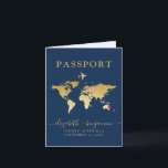 Passport Wedding Invitation Blue Gold Map   Heart<br><div class="desc">Folded Destination Wedding Passport Invitation with a Faux Gold Foil World Map Cover Design with moveable heart location marker, gold aeroplane, and "Passport to Love" editable wording for a wedding abroad in any country on the globe. Every bit of this passport invitation template can be personalised including a custom wedding...</div>