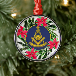 Past Master Masonic Freemason Wreath Poinsettia Metal Tree Decoration