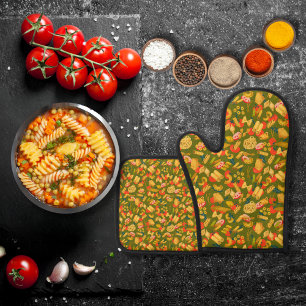Pasta and vegetables olive green oven mitt & pot holder set