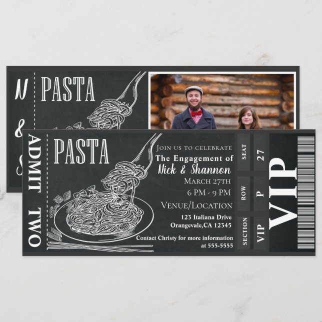 Pasta Dinner Chalk Engagement Dinner Photo Ticket Invitation (Front/Back)