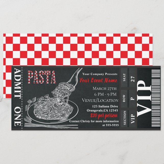 Pasta Dinner Chalk VIP Rustic Dinner Party Ticket Invitation (Front/Back)