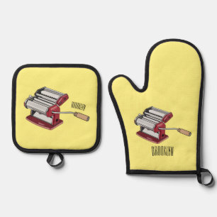 Pasta maker cartoon illustration  oven mitt & pot holder set